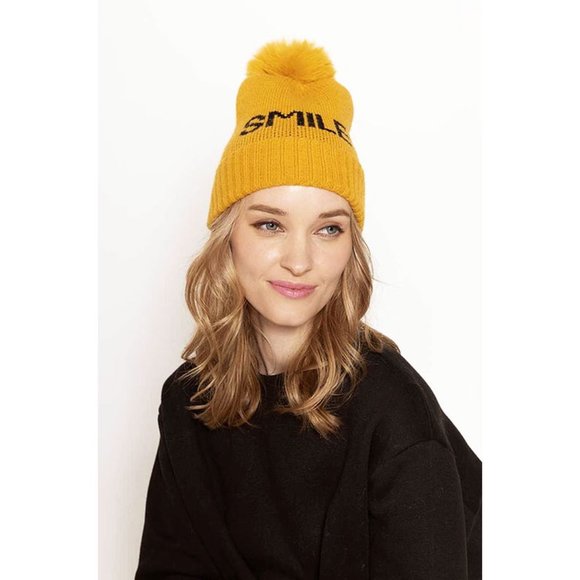 NEW Cute Smile Logo Graphic Faux Fur Pom Pom Cozy  Knit Beanie Hat Ivory Mustard - Picture 4 of 7